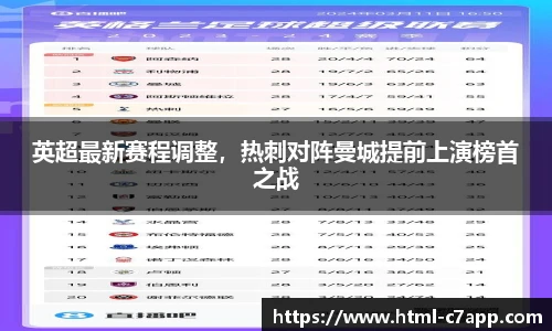英超最新赛程调整，热刺对阵曼城提前上演榜首之战